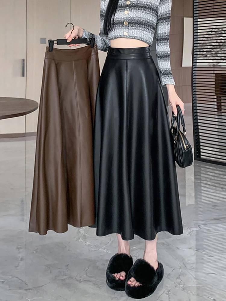 

Черная юбка из искусственной кожи для женщин, осень-зима, юбки трапециевидной формы средней длины с высокой талией, повседневная женская юбка из искусственной кожи