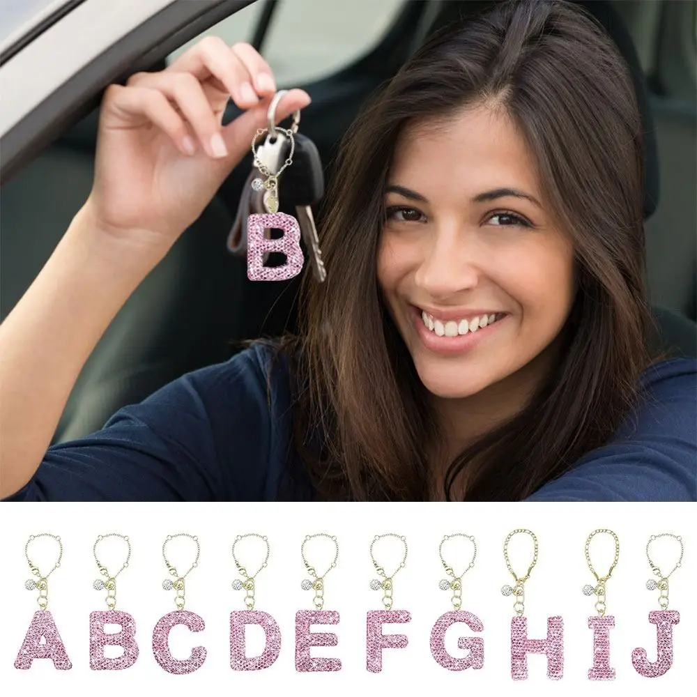 Personalized A-J Shine Letter Charm Pink Multiple Use Car Key Chain Rhinestone Handle Charm Water Bottle