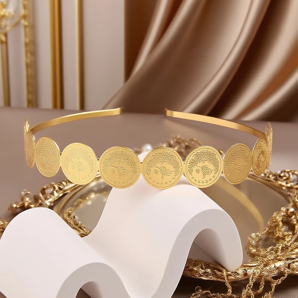 مشبك شعر مطلي بالذهب لحفل الزفاف ، Diademas الفقرة El Pelo العرقية ، أزياء الشرق الأوسط ، قطعة رأس عملة عربية ، ملابس شعر معدنية #3