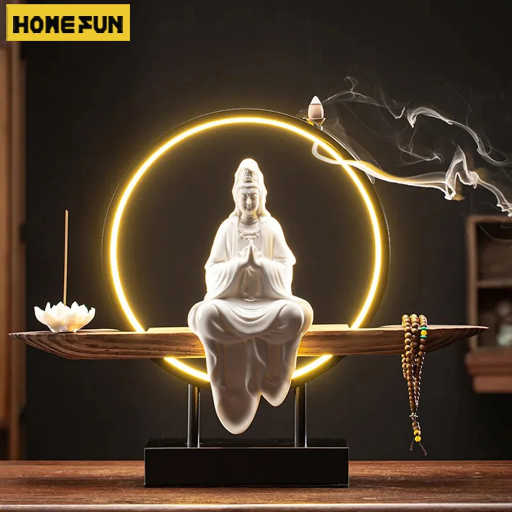 

Buddha Sculpture Guanyin Bodhisattva Buddha Statue Backflow Incense Ornaments For Incense Porch Home Decor Ceramic Lamp Circle