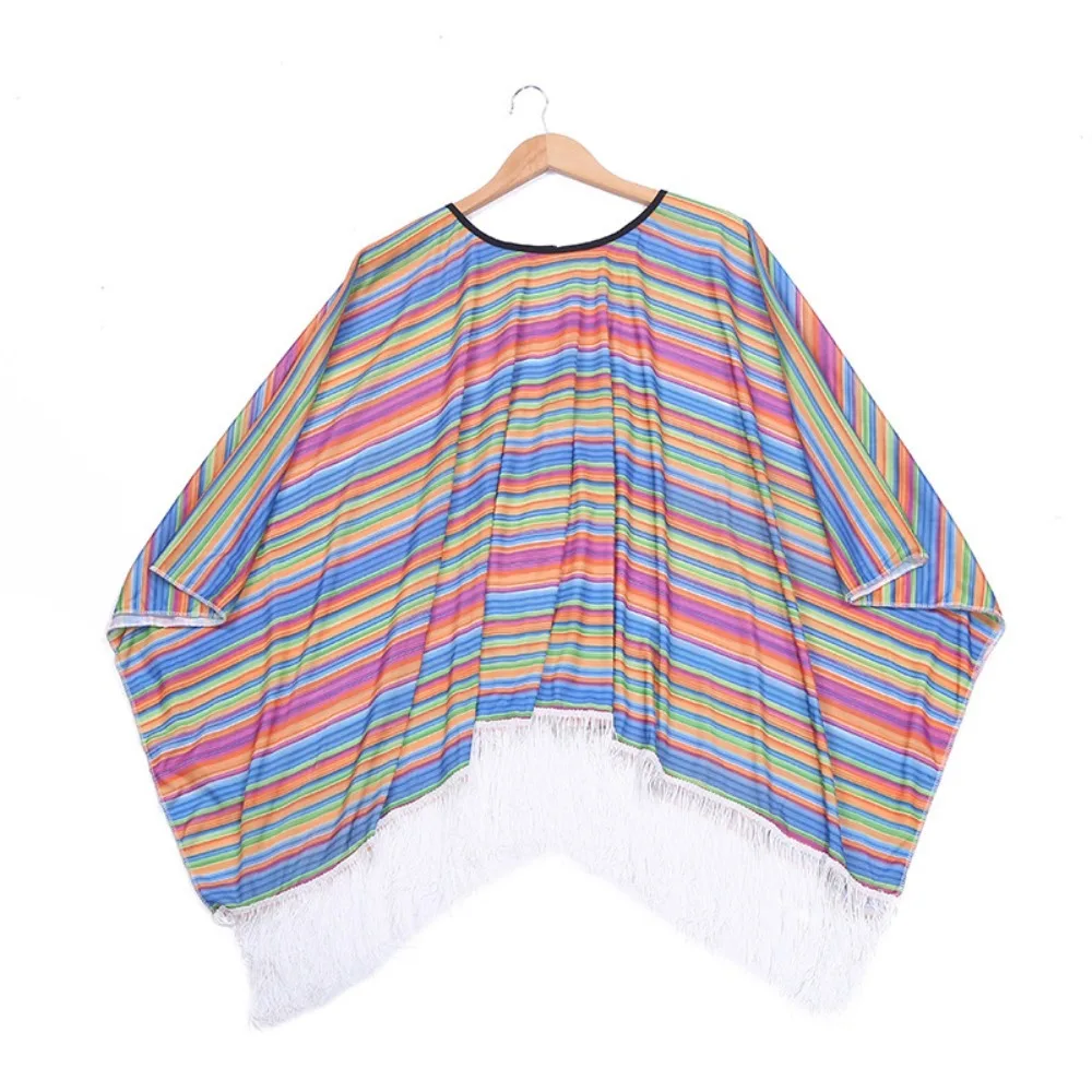 

Ethnic Cloak Mexican Costume Halloween Cosplay Mexican Style Cloak Cape Rainbow Stripe Dress-up Mexican Poncho Kids Adult