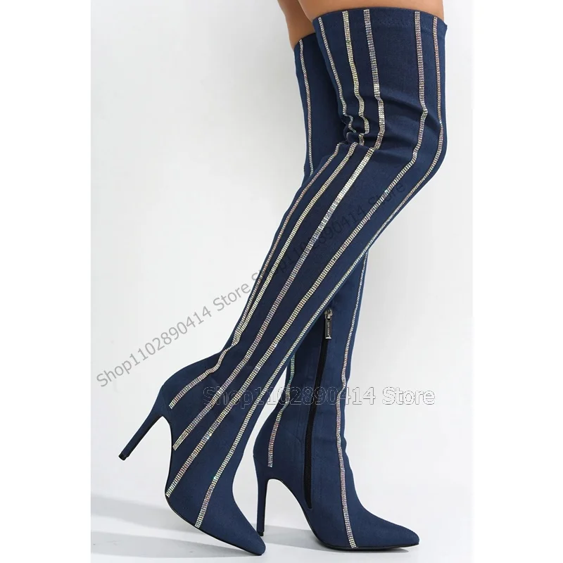 Black Blue Crystal Stripe Decor Pointed Toe Boots Side Zipper Women Shoes Thin High Heels Sexy Runway 2023 Zapatos Para Mujere