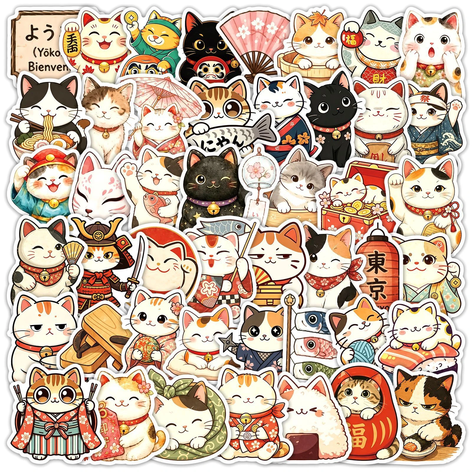 50 Stück Niedliche Cartoon-Katzen-Graffiti-Aufkleber im Retro-Japanischen Stil, DIY-Spielzeug für Telefon, Reisetasche, Ästhetische Aufkleber, Kreative Geschenke