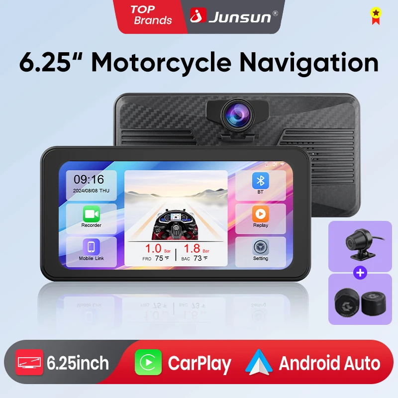 Junsun 2K DVR Motorrad GPS Navigation Drahtlose CarPlay Android Auto Abnehmbare IPX8 Wasserdichte Tragbare Moto Touchscreen WIFI