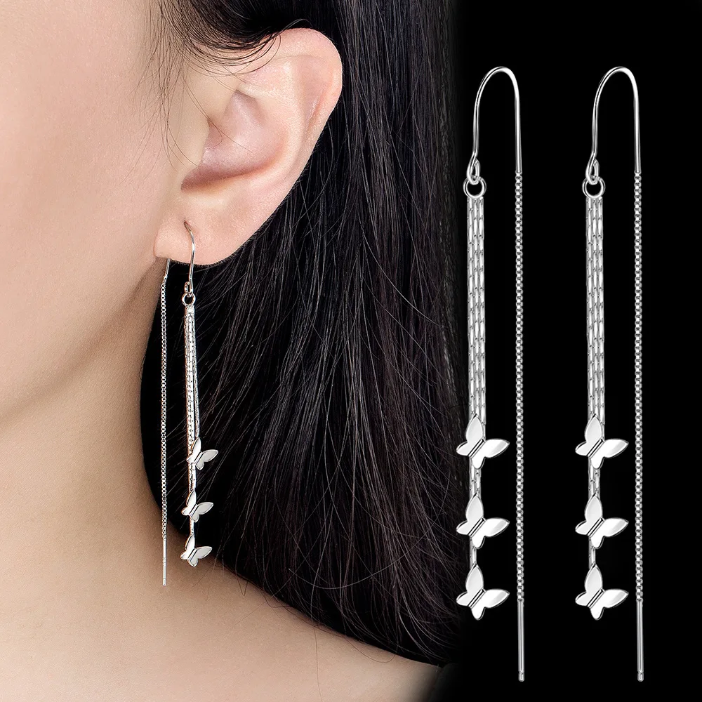 

925 Sterling Silver Earrings Long Fringe Butterfly Earrings Ladies Fashion Simple Birthday Wedding Anniversary Jewelry Gift