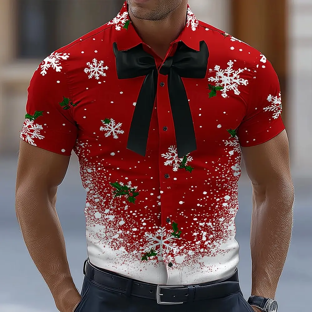 Men's 2025 Christmas Short Sleeve Shirt, Snowflake Printed Polyester Casual Fit, Themed Party Graphic Tee, Fal Fun Print Top