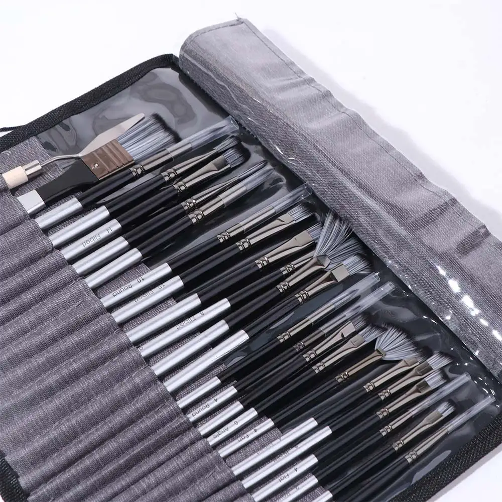24pcs/set Wooden Handle Nylon Brush Set DIY Art Nylon Hair Paint Brush Set Aluminum Tube with Scraper Oil Painting Brushes
