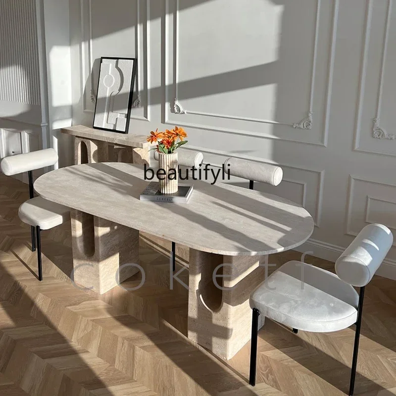 A13 French designer U-shaped foot natural Roman travertine dining table creative rectangular table