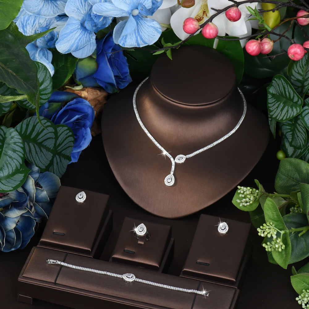 Cute Daily Delicate Water Drop Pendant Necklace Earrings Bracelet Set of 4 Pieces Jewelry Dubai Women Party Dating Tour M-722