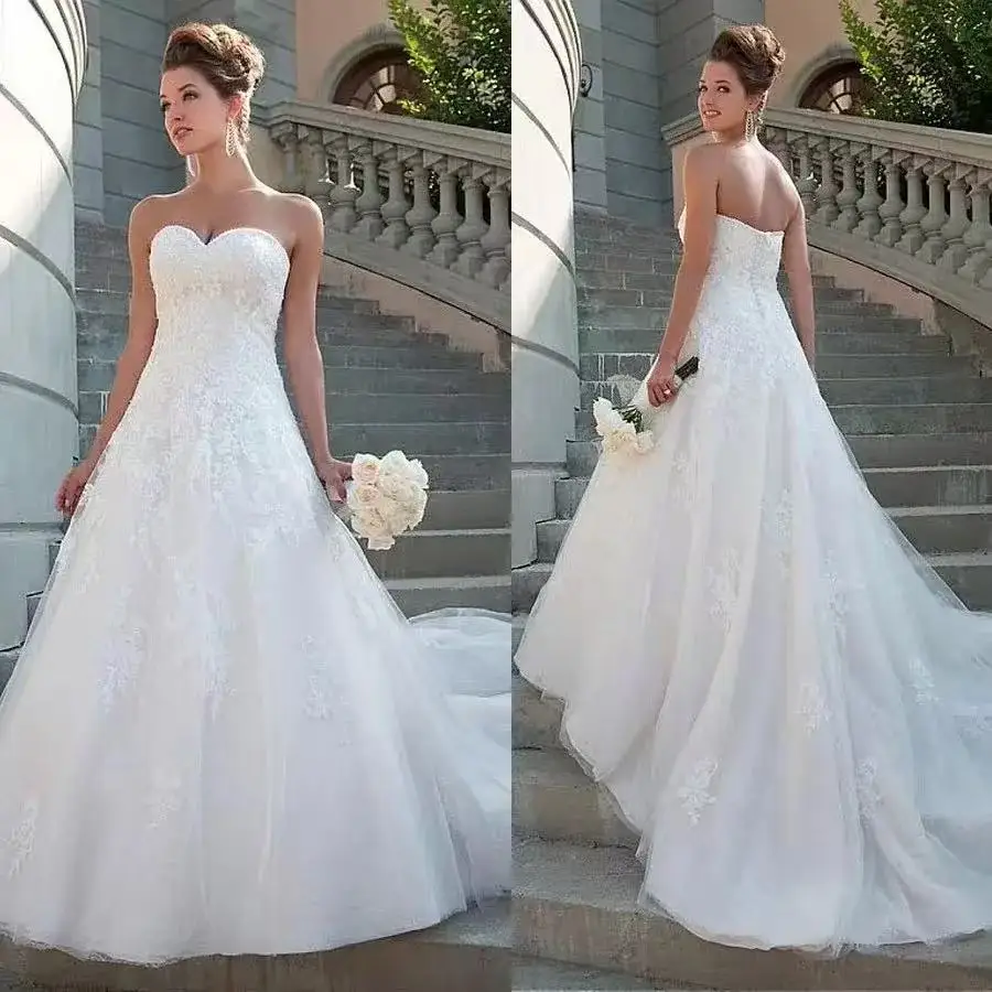 

Custom Tulle Sweetheart Natural Waistline A-line Wedding Dress Lace Applique Bridal Dress