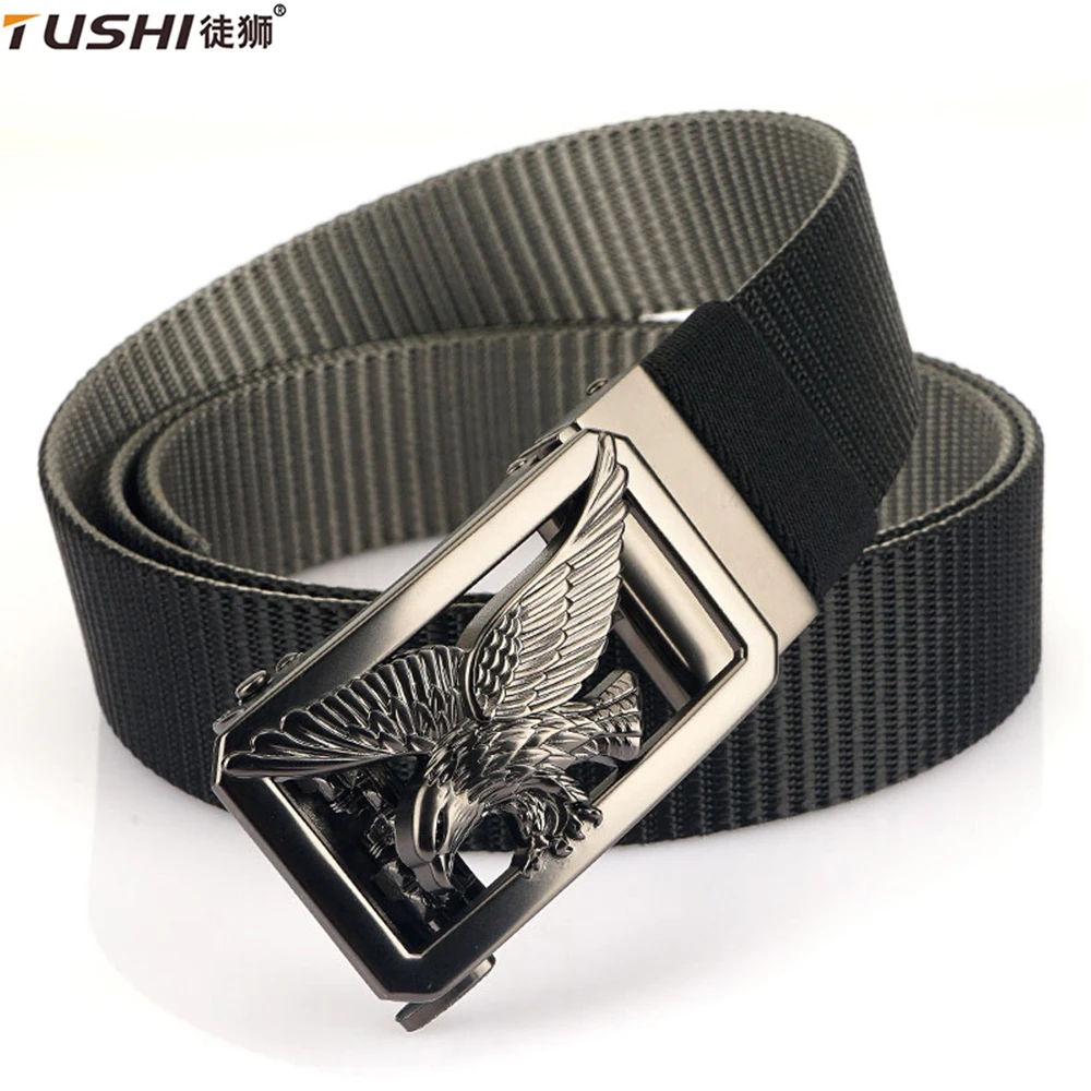 TUSHI New 3.4cm Casual Belt for Men Alloy Silver Automatic Buckle Thick Nylon Military Tactical Belt Outdoor Hiking Girdle Male