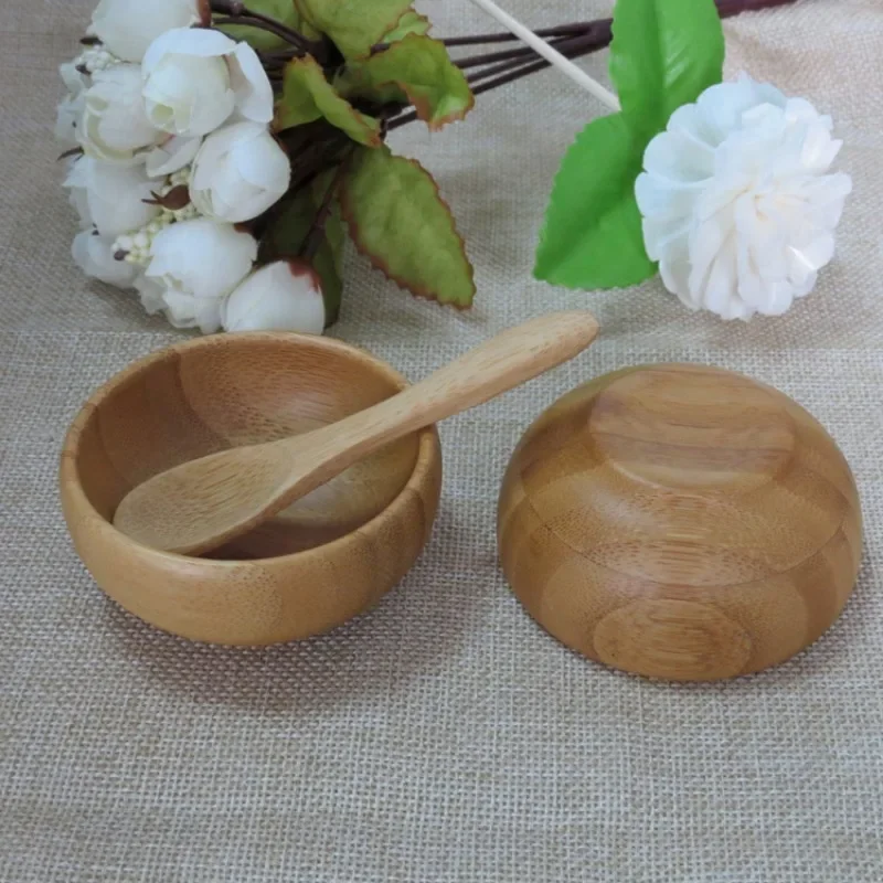 Eco Friendly Handmade 100% Natural Round Face Mask and Brush Small Mini Size Bamboo Wooden Bowl and Spoon