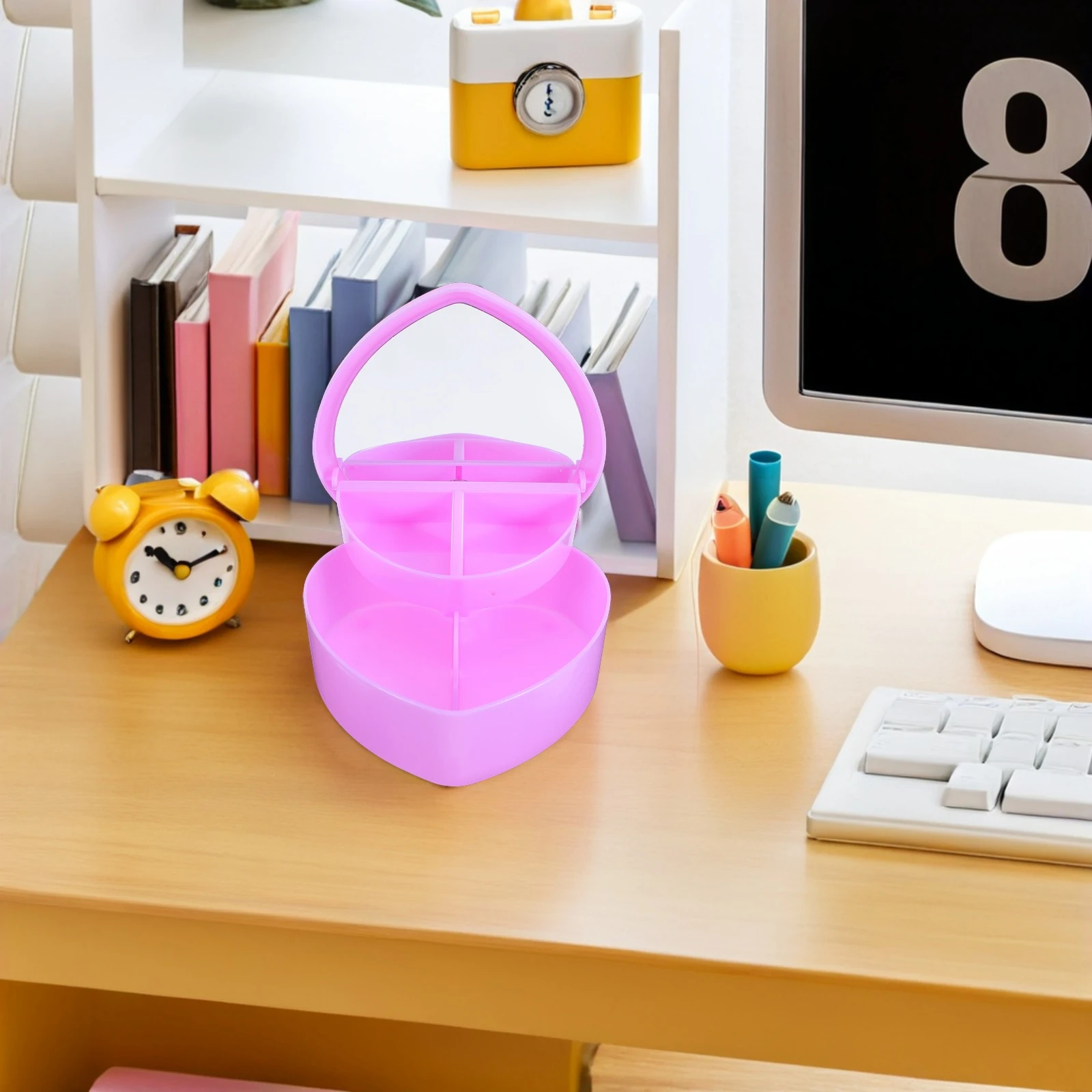 Makeup Mirror Jewelry Box Heart Shaped Double Layer Storage Organizer Travel Earring Bracelet Case Girls Women