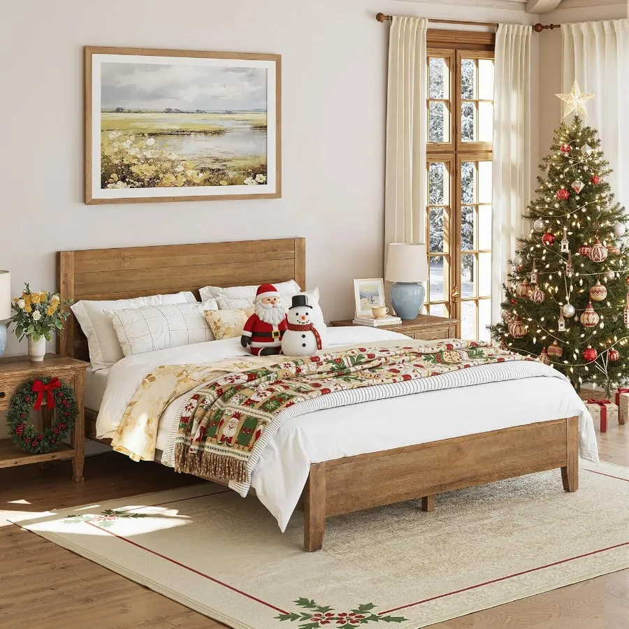 إطار سرير بحجم كوين مصنوع من خشب السنط مع لوح رأسي مدمج مثالي للاستخدام في غرفة النوم يدعم ما يصل إلى 800 رطل غير قابل للانزلاق والضوضاء #1