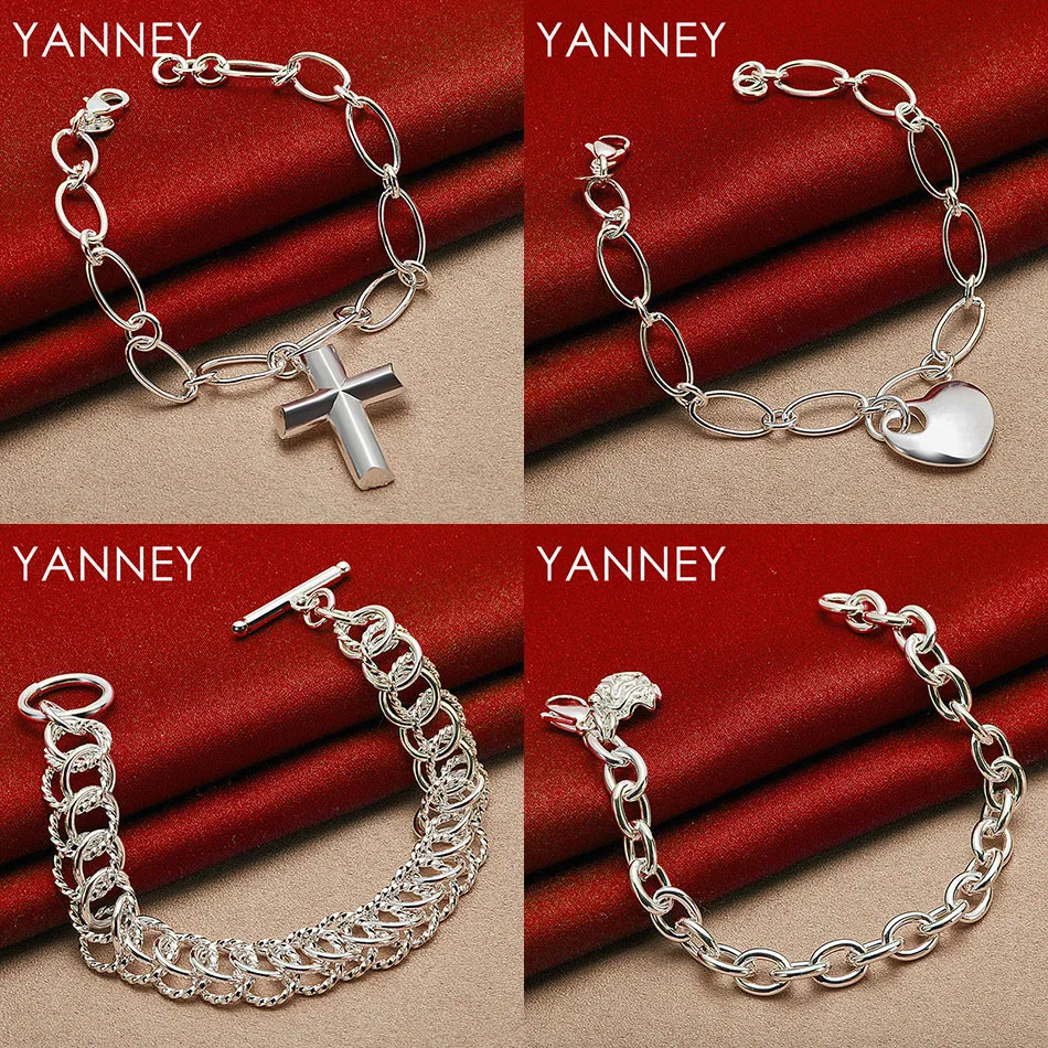 

925 Sterling Silver 8 Inch Beautiful Heart Cross Bracelet Women Accessories Party Jewelry Wedding Jewelry Fashion