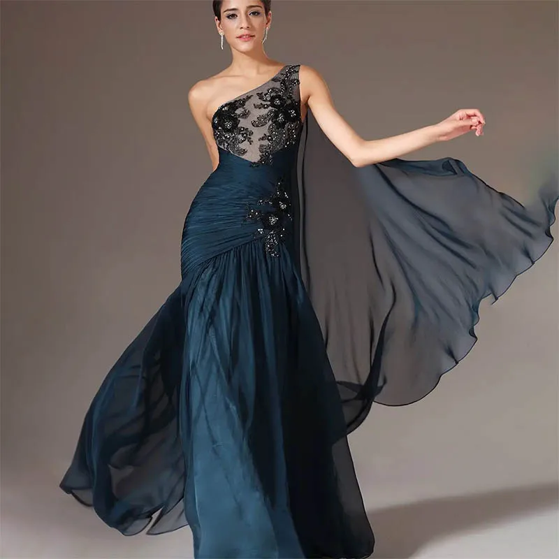 Charming Stylish Dark Blue Mermaid Chiffon One Shoulder Black Lace Decal Evening Dresses Open Back Formal Party Gowns For Women