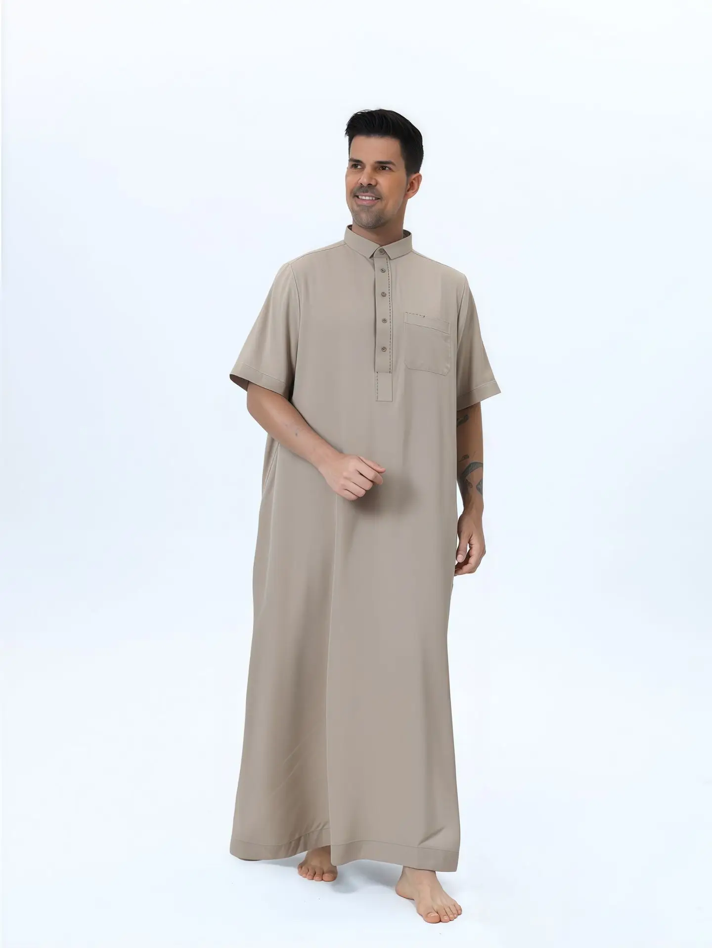 Arabian Long Muslim Robe Men's Buttoned Collar Casual Jubba Thobe Islam Clothing Eid Daffah Dishdasha Abaya Kaftan Gown Clothing