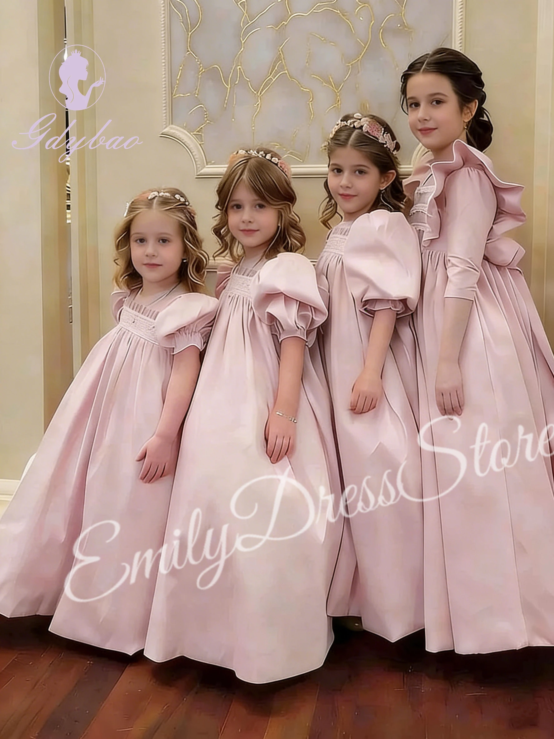 

Customized Pink Bridesmaid Flower Girl Dress For Wedding High Waist Satin Lace Kids Birthday Party Gown First Communion Dress