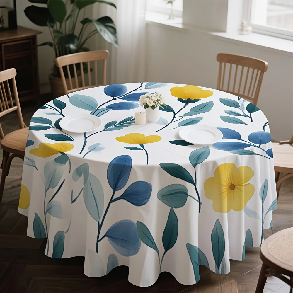 One round tablecloth with a blue and yellow floral pattern, perfect for sharing with friends and family.zyc