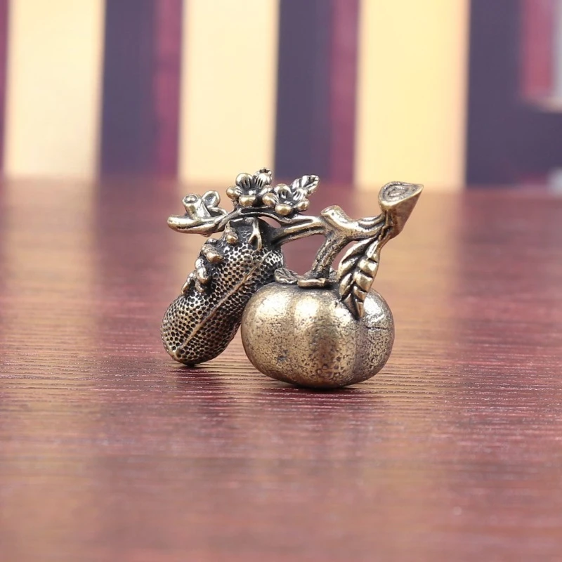 Brass Persimmon Peanut Figurine Mini Fruit Plant Statue Copper Desktop Ornament Tea Pet Home Office Decor Collectible Craft Gift
