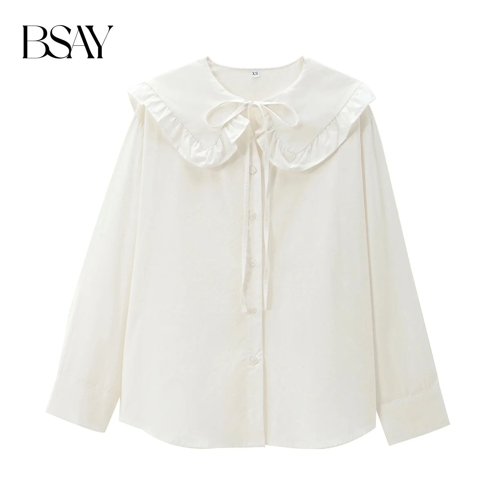 

BSAY Women Fashion Spring Autumn Long Sleeve Single Breasted Lace Up Doll Collar Blouse Street Clothing Shirt Chic Ladies Top