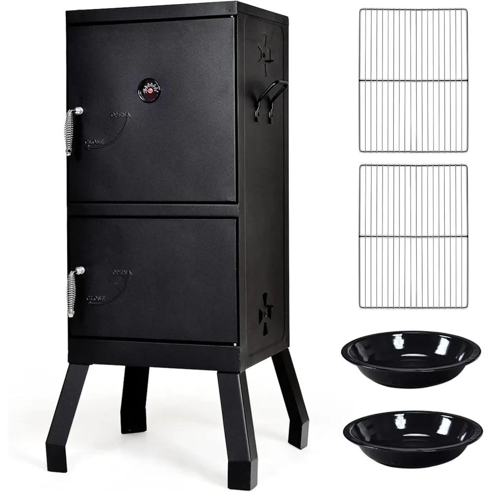 Outdoor Smoker with Double Doors, 2 Detachable Grill Netting Smoking Racks, Charcoal Pan & Water Pan, Vertical Charcoal Smoker