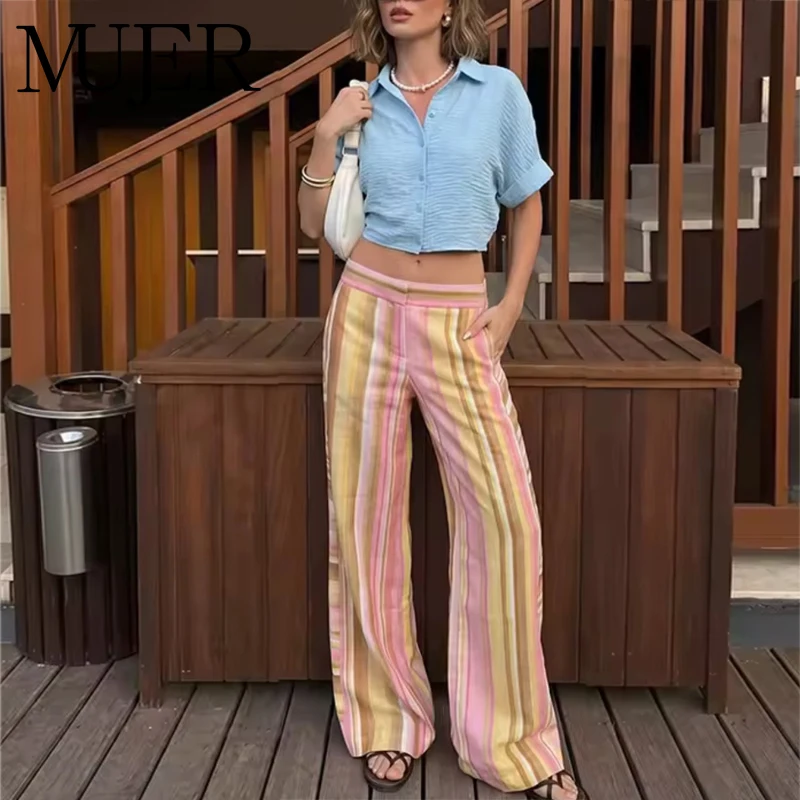 MUJER Gestreifte Hose mit weitem Bein für Damen, hohe Taille, Palazzo-Hose, Sommer, lässige Baggy-Hose, Damen-Streetwear-Hose für Damen