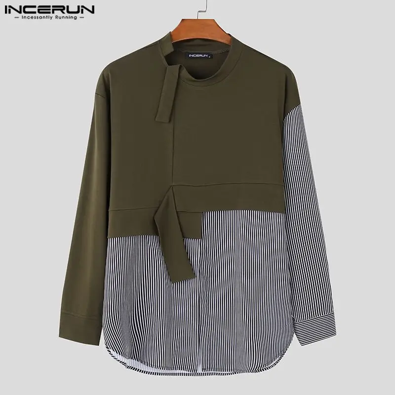 INCERUN Tops 2024 Korean Style New Men Irregular Stripe Splicing Hoodies Casual Clubwear Male Loose Long Sleeved Pullovers S-5XL