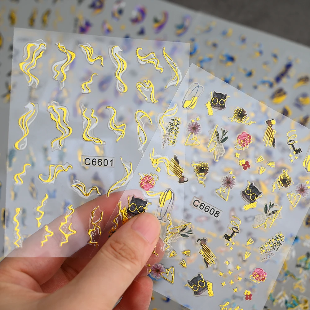 Autocollant pour ongles ligne ondulée dorée 3D, marbre bleu, géométrie, fleurs abstraites, curseur pour Nail Art, feuilles de décalcomanies, décorations de manucure CHTH