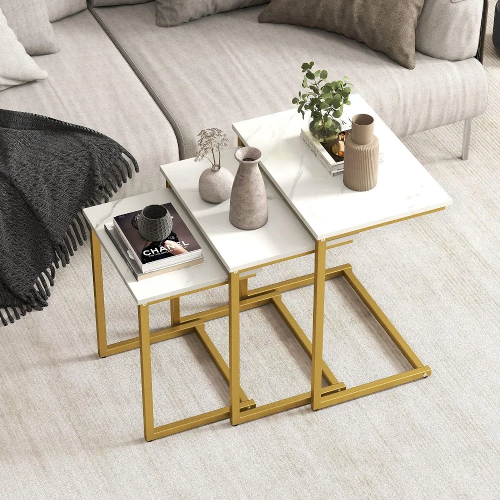 

3pcs Nesting Coffee End Table Set Stacking Side Nightstand Living Room White & Golden/ Gray & Black