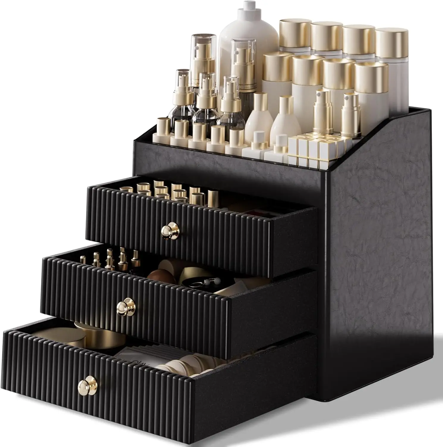 

Large Capacity Makeup Organizer with 3 Drawers - Black Cosmetic Storage for Skincare, Brushes, Dresser, Bathroom
