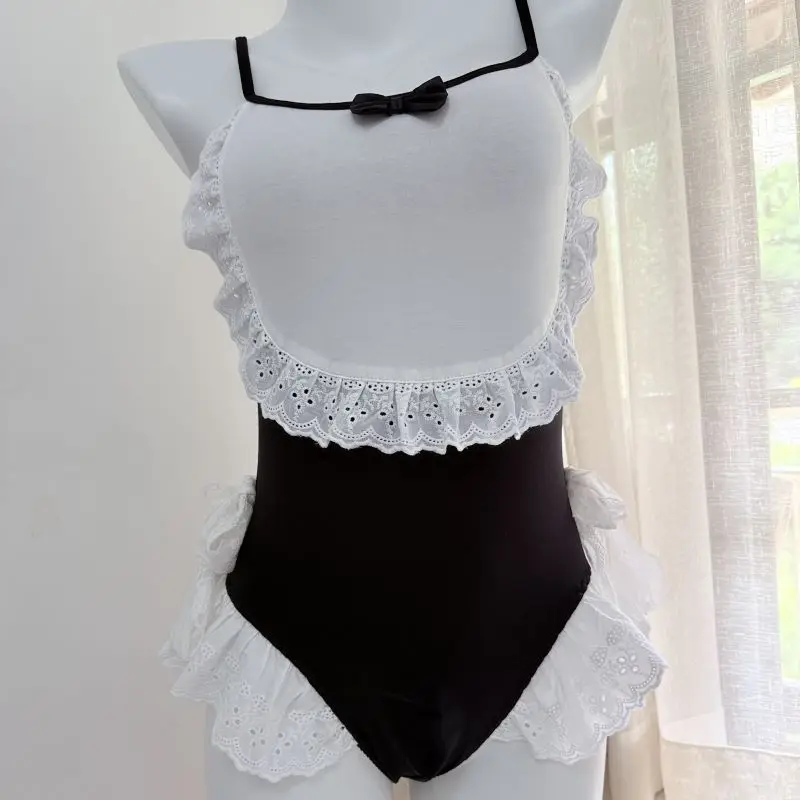 Men's Lace Ruffles Lingerie Kawaii Lace Bow Lolita Style Sweet Camisole Bodysuit Convex Pouch Cross-dressing Playsuits Sleepwear