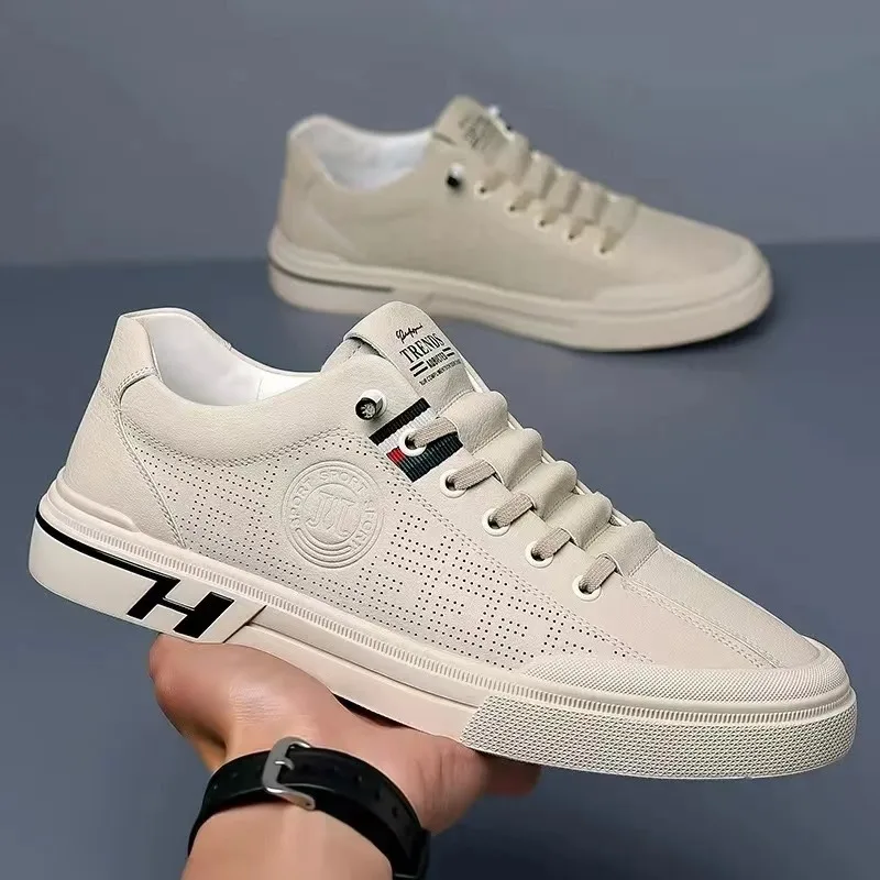 Tênis casual de marca masculina, couro respirável, sapato vulcanizado, branco, sapatos baixos confortáveis, designer