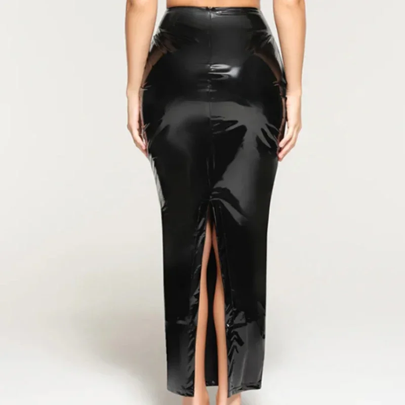 Damen Glänzende Kunstleder Maxiröcke mit Saumspalt, Glänzende PU Lange Stretch Bodycon Midirock Sport Maßanfertigung