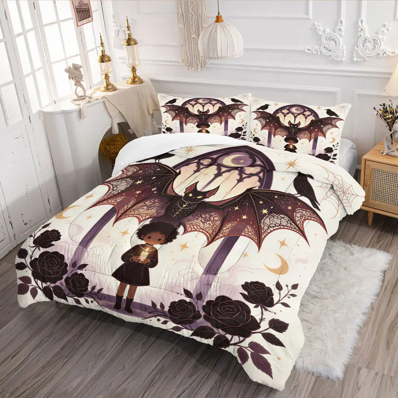 Gothic Halloween Comforter Set Vintage Pumpkin Rose Bat Moon Print Bedding Set Fashion Cozy Quilt Set Bedroom Decor Holiday Gift