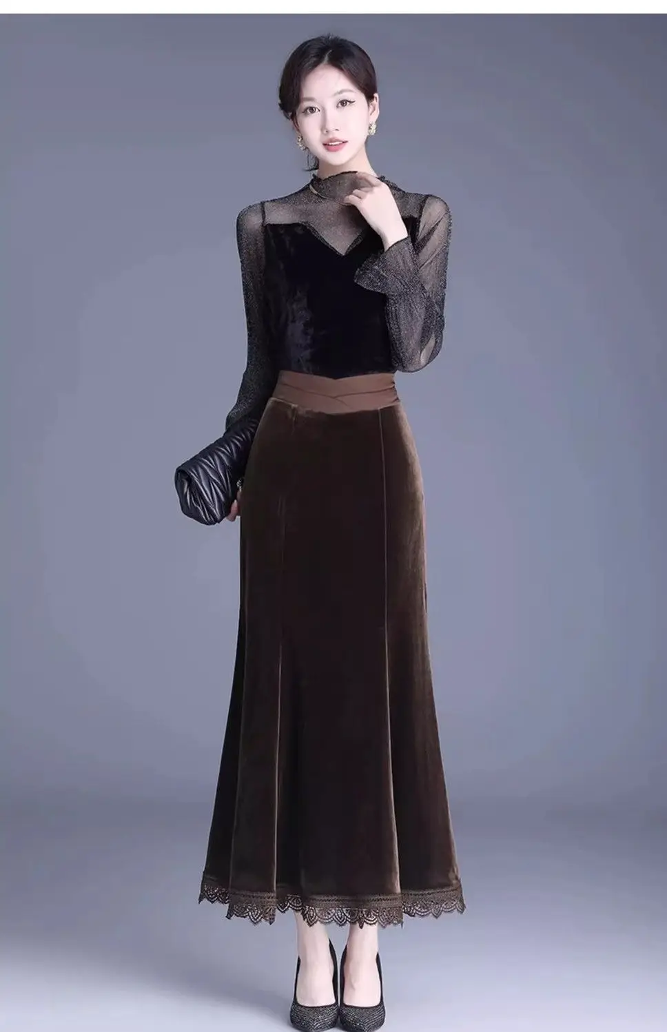 Elegant Women's Ankle Length A-Line Skirt With Lace Trim Loose Fit Office Wear Fashionable Fall Winter Style