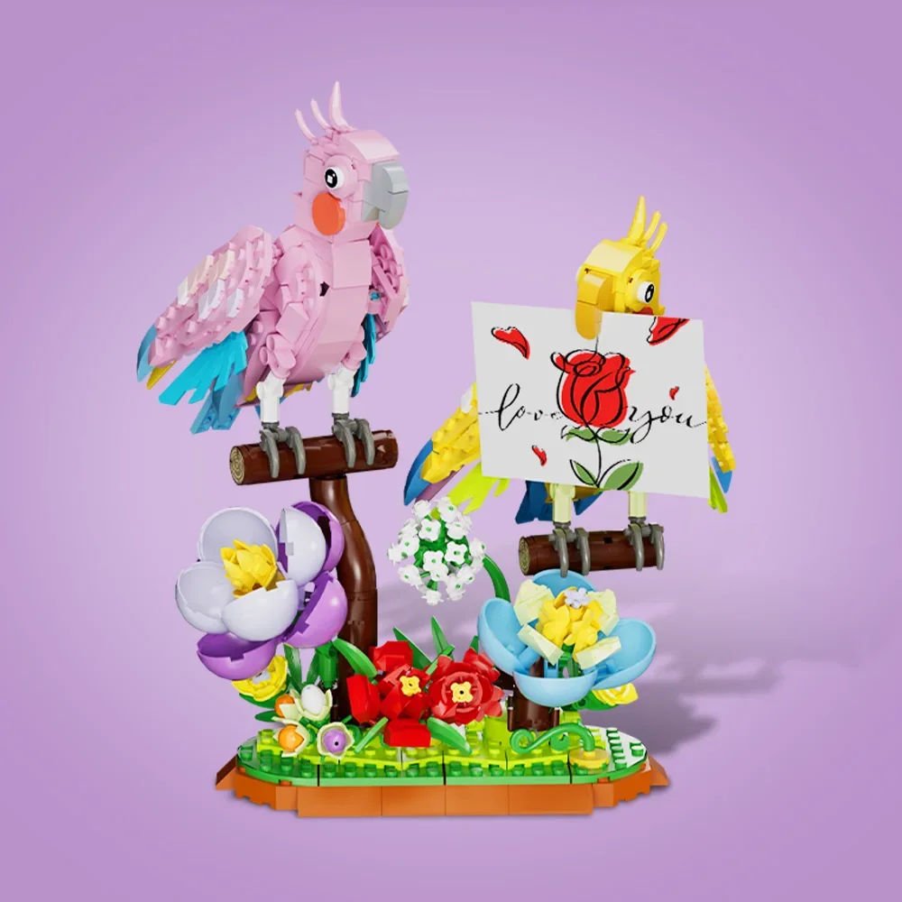 MOC Día de San Valentín loro lovebird bloques de construcción modelo creativo pareja oso ladrillos DIY juguete ensamblado amor amiga regalo