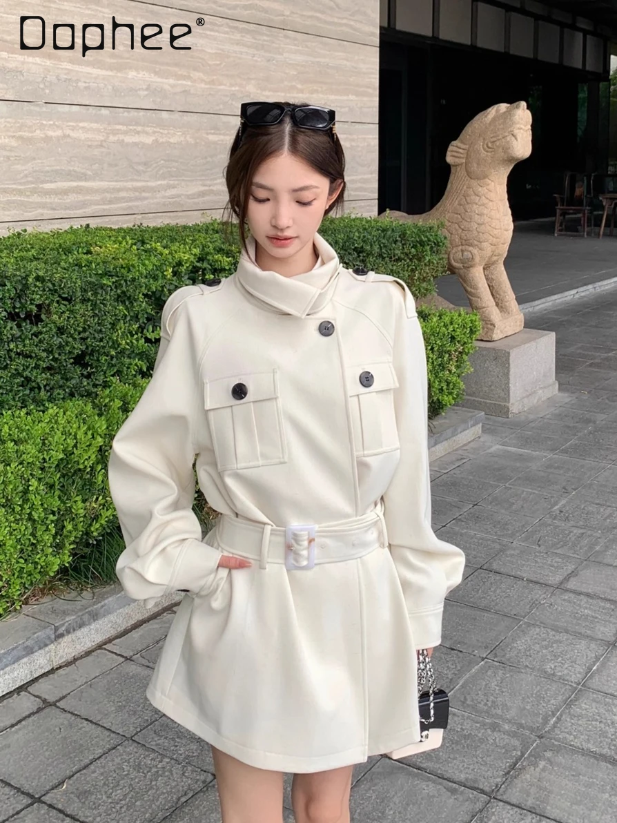 

Французский двубортный плащ для женщин, осень-зима, элегантное светское модное пальто с воротником-стойкой и поясом, тонкое свободное шикарное пальто