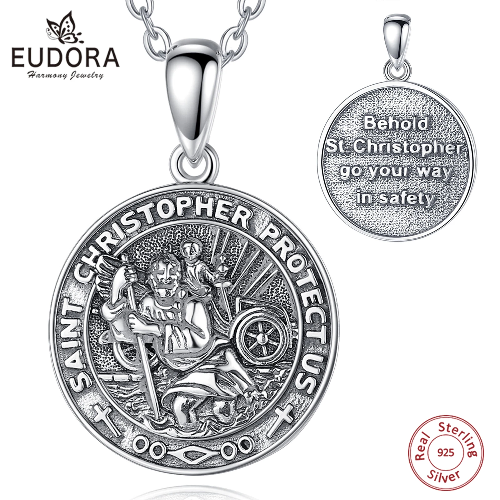 Eudora 925 Sterling Silver Saint Christopher Medal Pendant for Man Women Saint Christopher Protect Us Necklace Religion Jewelry