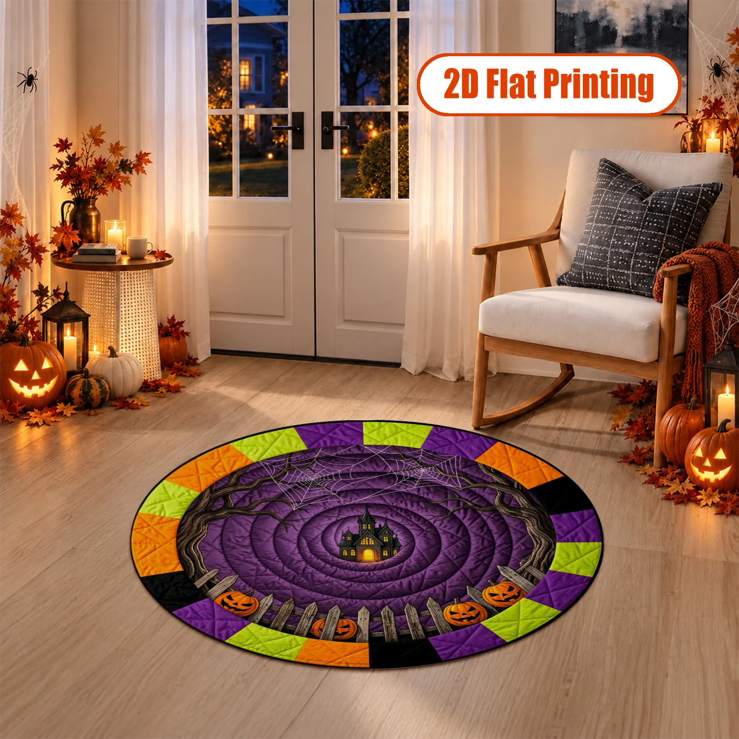 Halloween Haunted House Pumpkin Spider Web Round Velvet Mat Machine Washable for Living Room Entryway Bedroom Dining Area Halloween Thanksgiving Christmas New Year Decor