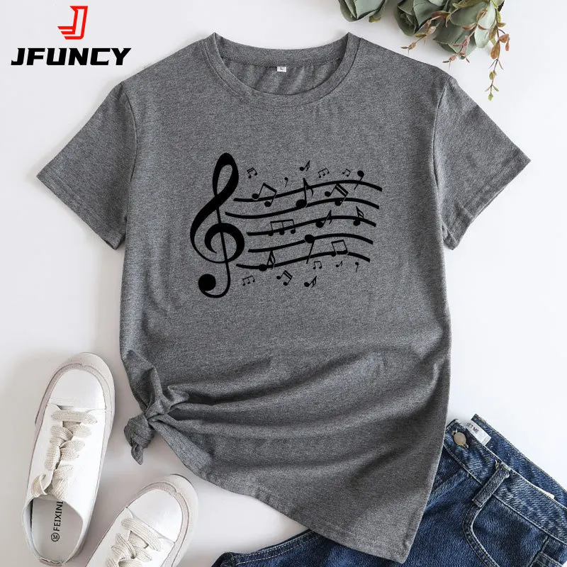 JFUNCY Women's Cotton T-Shirt Music Notes Graphic Tee Oversized Summer Tops Harajuku Female Tshirt Short Sleeve Women Clothing