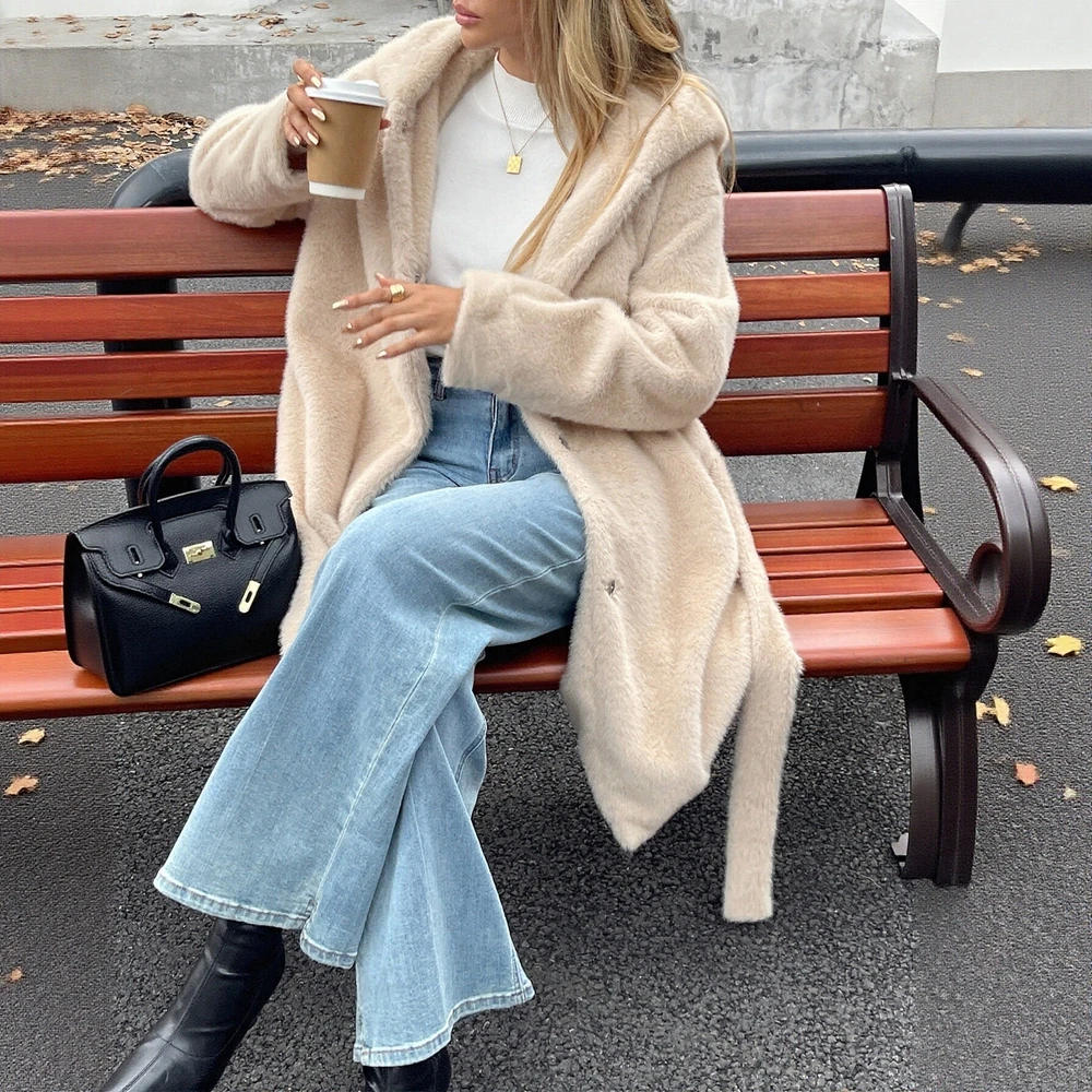 Diyun Elegante damesjas met lange mouwen Herfst-wintermode met capuchon Europese Amerikaanse stijl Leerbont Geïntegreerde bovenkleding