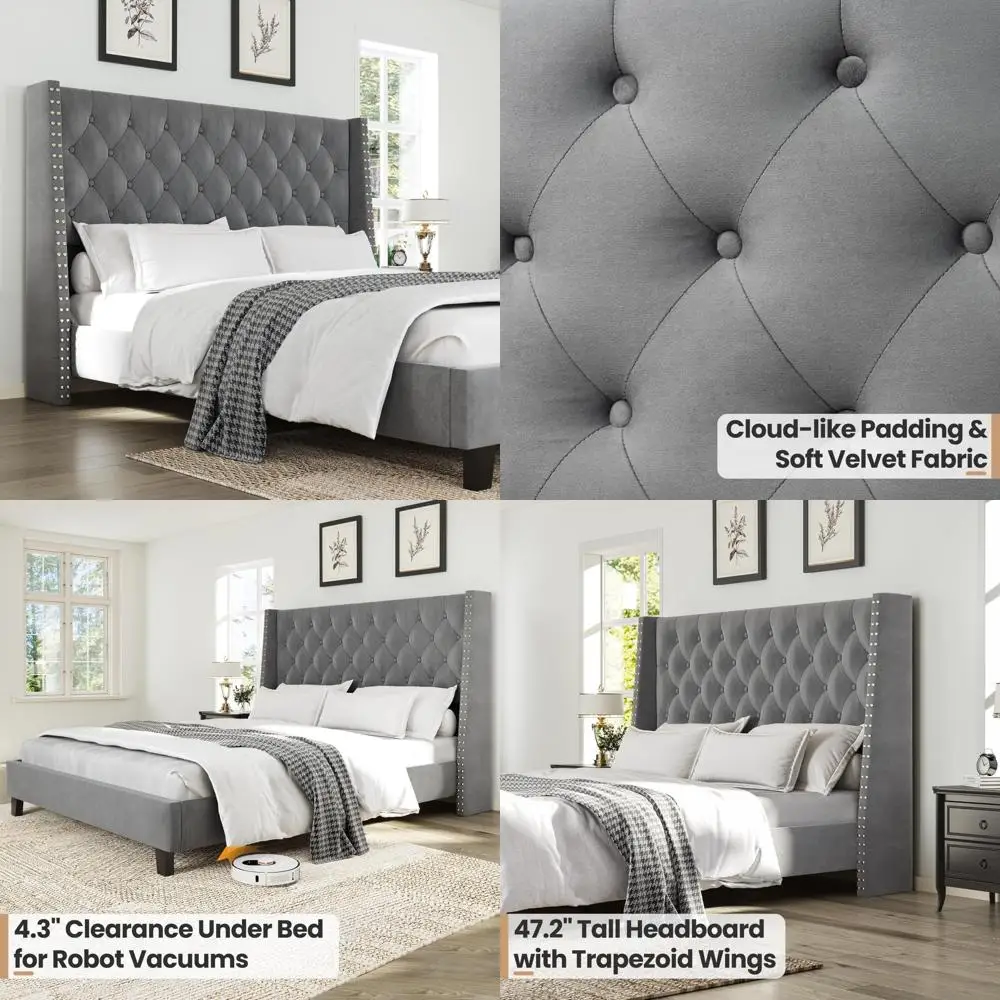 Queen Size Velvet Upholstered Platform Bed Frame with 47.2