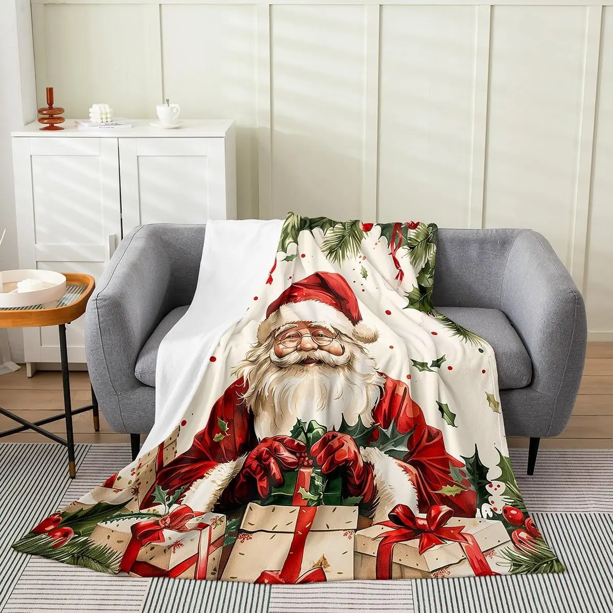 Santa Claus Flannel Blankets, Fleece Blanket,Kids Girls Boys Adult Red Berry Holly Leaves Fuzzy Blankets Christmas Eve Sherpa