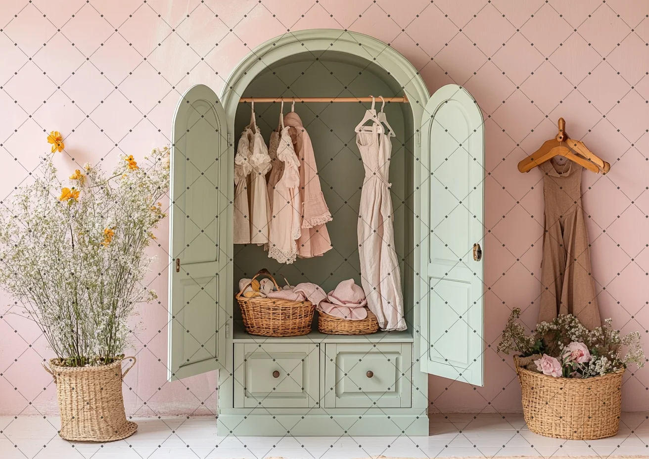 Photography Background Indoor Vintage Cupboard Flower Pink Dress Kids Birthday Maternity Portrait Decor Backdrop Photo Studio