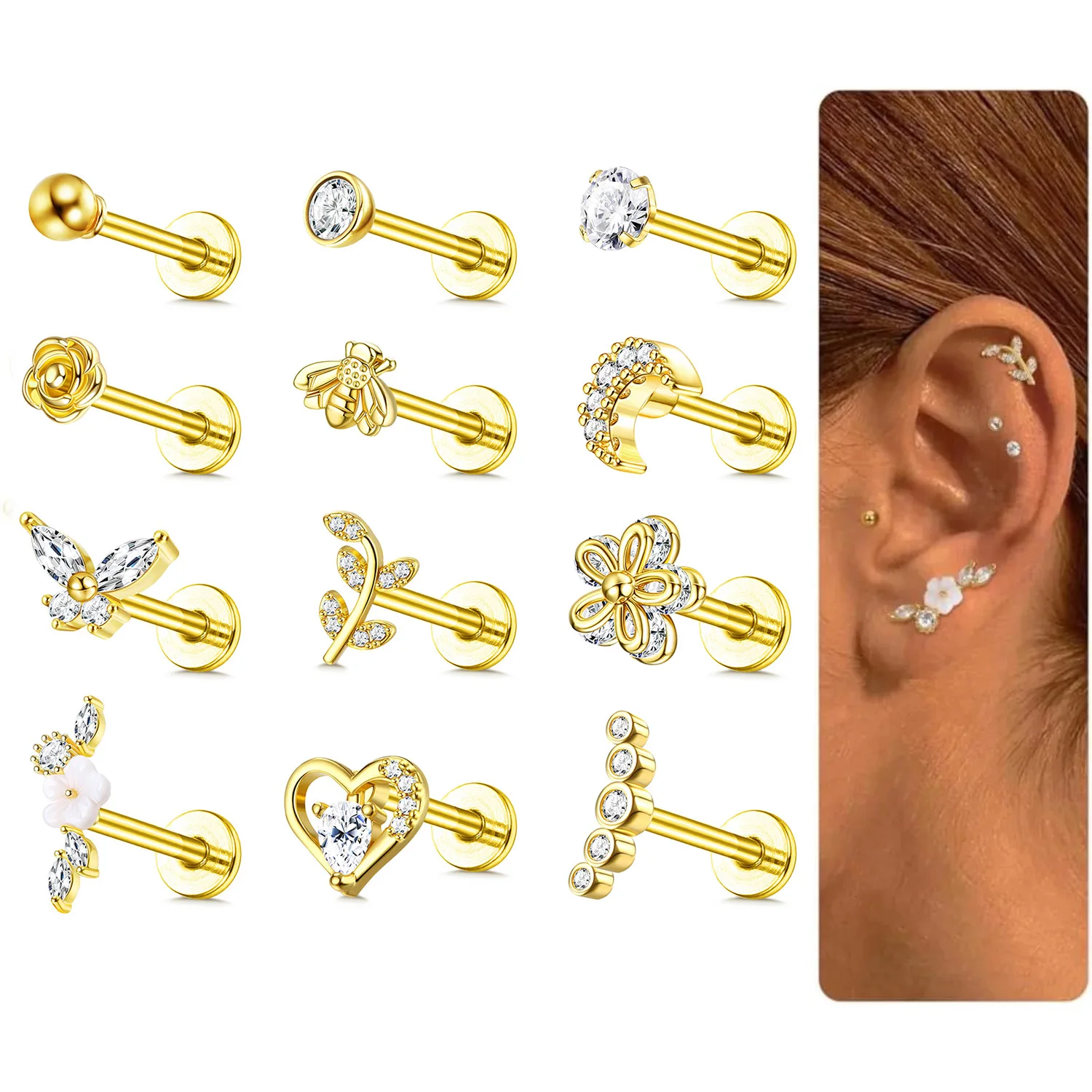 

Bobisty 12Pcs 16G Tragus Earrings for Women Cartilage Earring Flat Back Stainless Steel Top Screw CZ Stud Piercing Jewelry Set