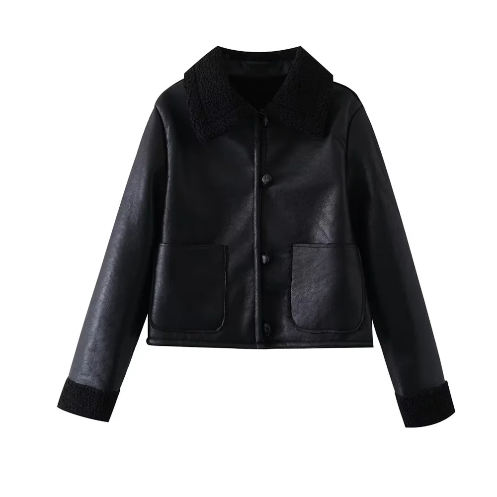 

Zach Ailsa 2024 Autumn New Product Women's Casual Loose Black Fur One Piece Short Double sided Jacket Coat Warm Leather Coat