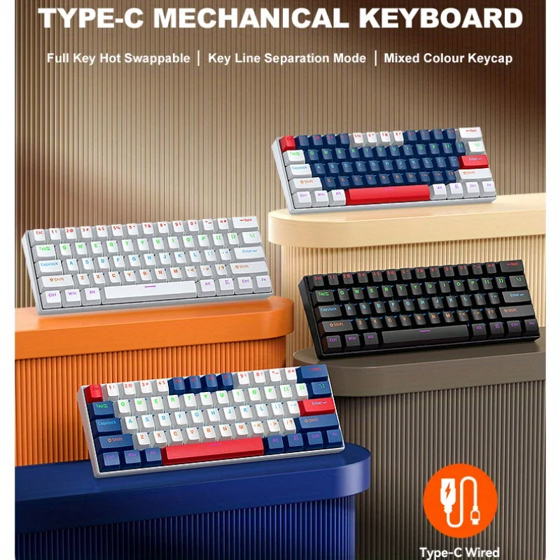 

61-Key Mechanical Gaming Keyboard with Hot-Swappable, Dual-Color Blue Switches and RGB Backlighting