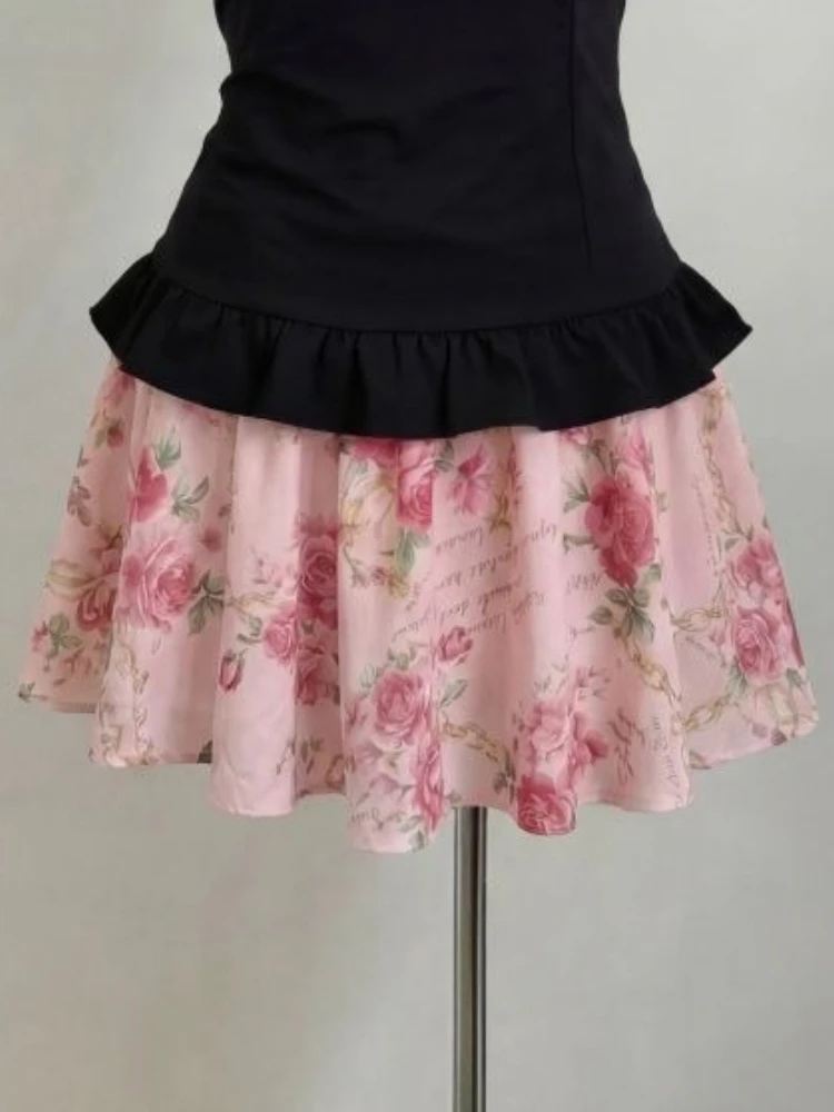 Women's Sweet Floral Print Two Piece Set Fairy Bow Slim Ruffle Crop Top + High Waist Mini Skirt Y2K Harajuku Fashion Skirt Set view 3