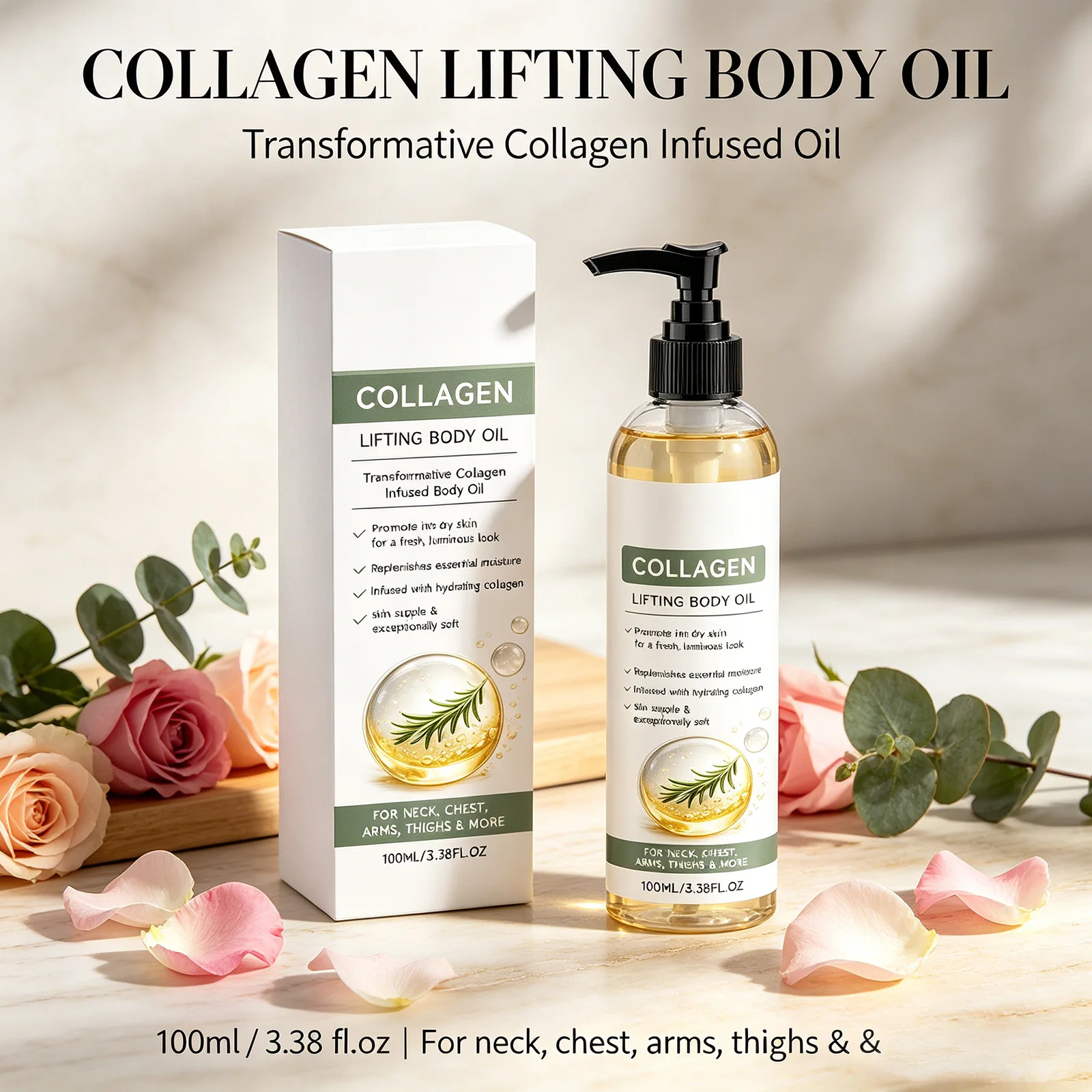 Rosemary Collagen Body Oil 100ml Deep Hydration Non-Greasy Fast Absorption Smooths Neck, Chest, Arms & Thighs, Glowing Skin Care